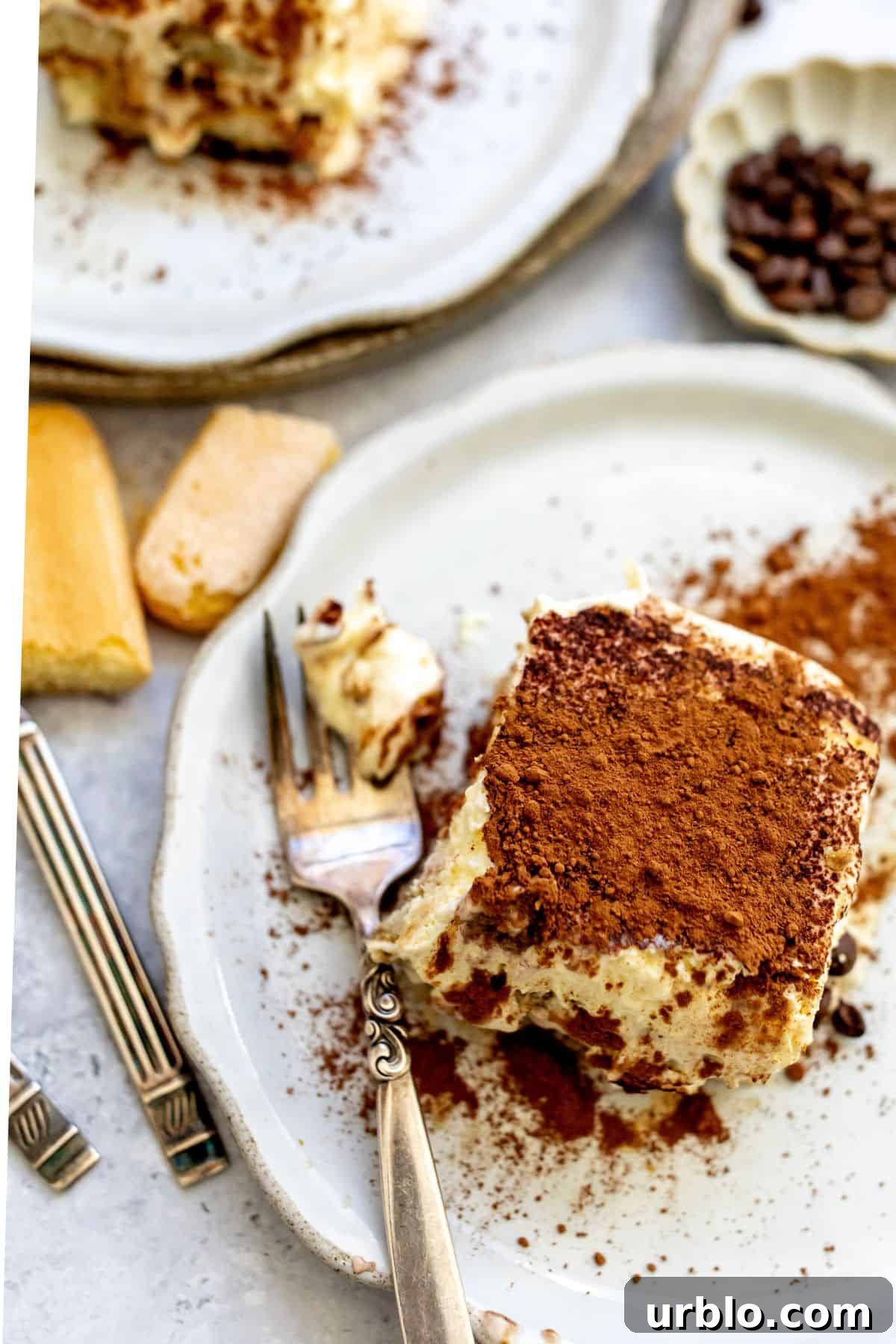 Tiramisu on a white plate with a fork to the side.