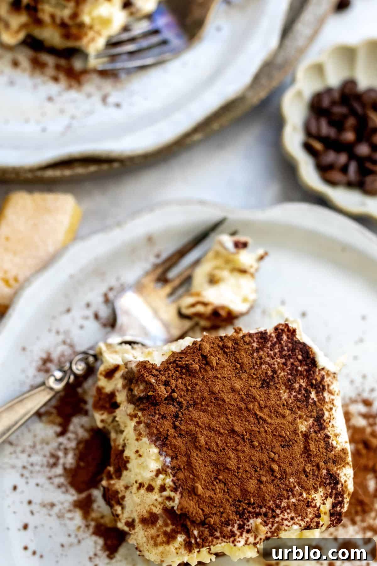 Tiramisu sliced in a baking dish with layers.