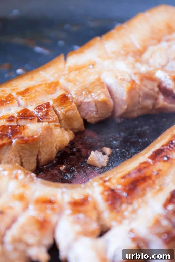 When reheating pork belly pat off any extra moisture that may have accumulated