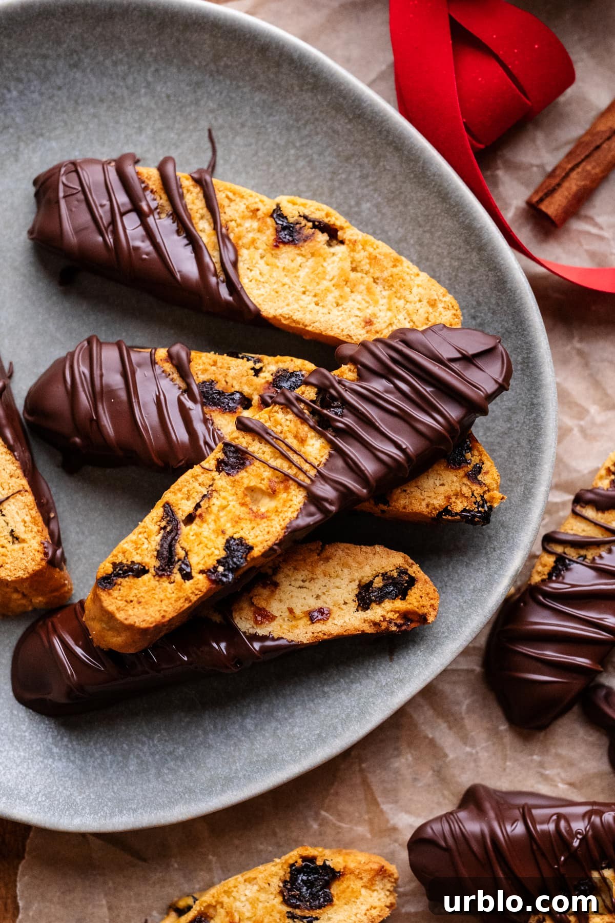 A close up of chocolate dipped biscottis arranged on a gray plate.