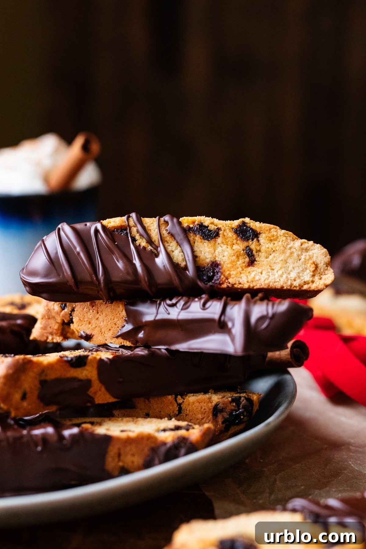 A stack of chocolate dipped biscottis sitting on a plate. Behind the biscottis are a mug with whipped cream and a red ribbon.