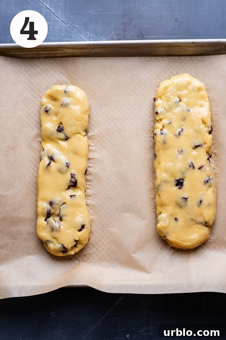 Dough for biscotti's shaped into two logs on parchment paper.
