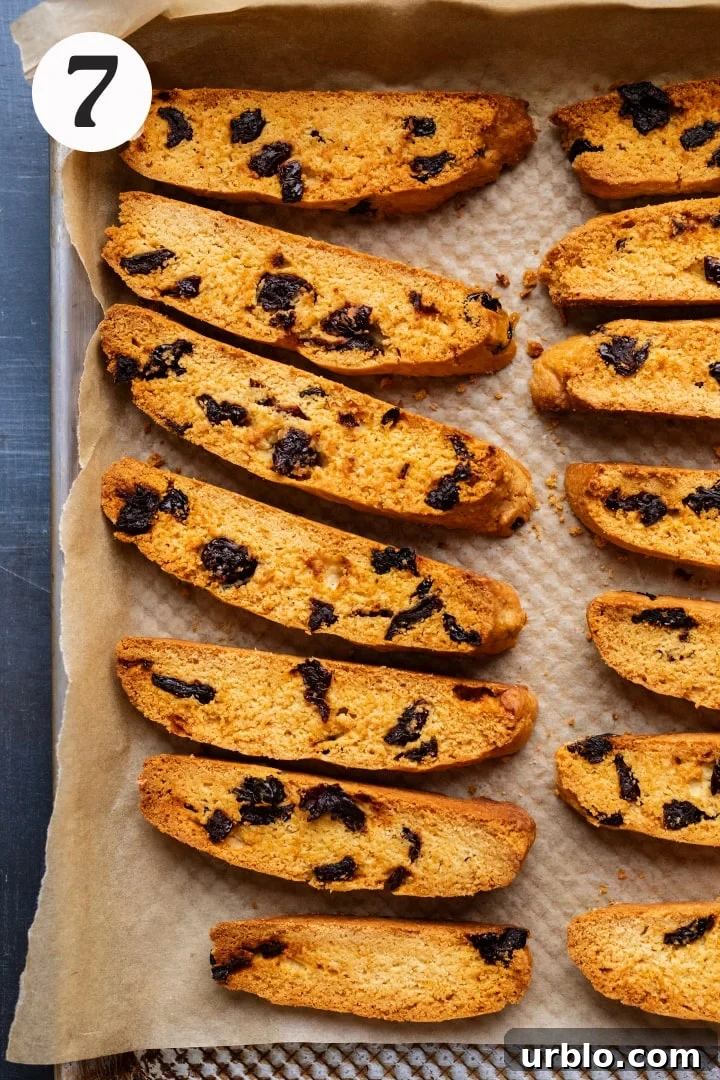 Slices of cherry biscotti cookies arranged on a sheet pan with parchment paper.