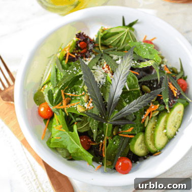 A picture of a salad topped with a cannabis leaf.