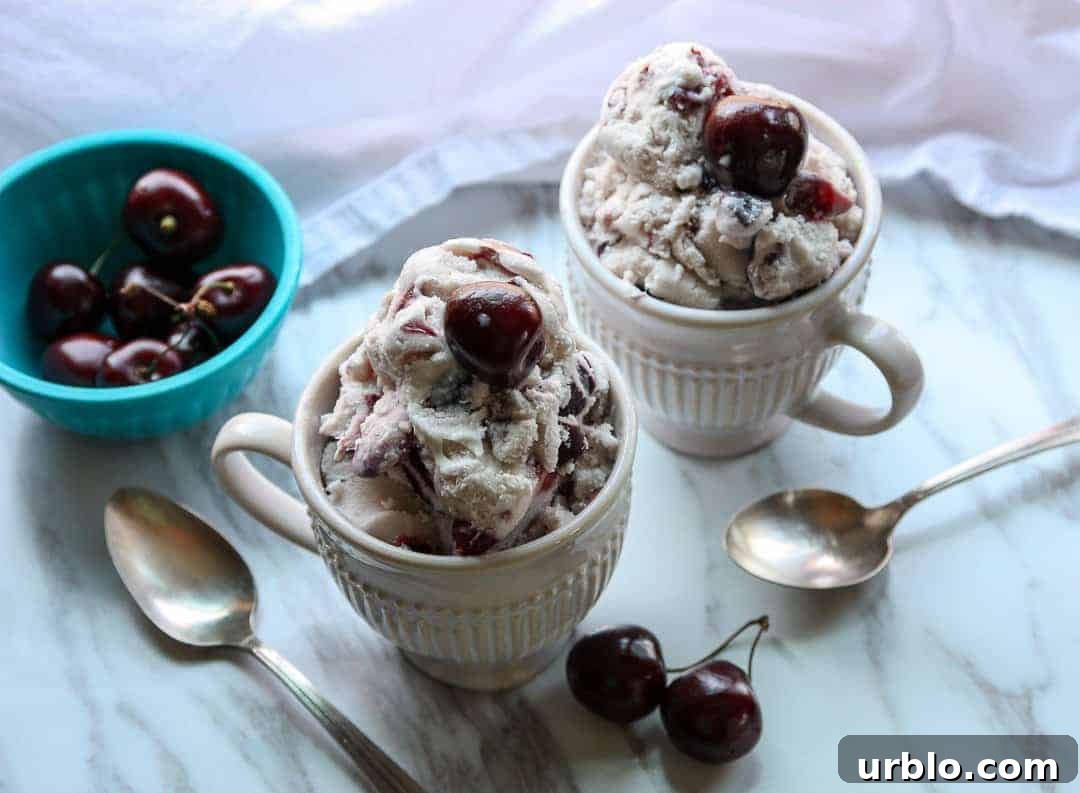 Homemade Cherry Amaretto Ice Cream Recipe 6 Two bowls of frozen dessert, with spoons on a marble countertop.