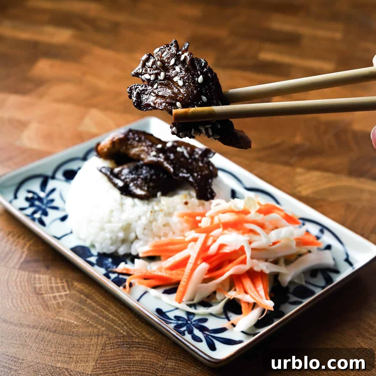 Photo of a decorated oval plate with some sushi rice, Char Siu mushrooms and pickled salad, on a wooden tabletop, with chop sticks holding up one mushroom.