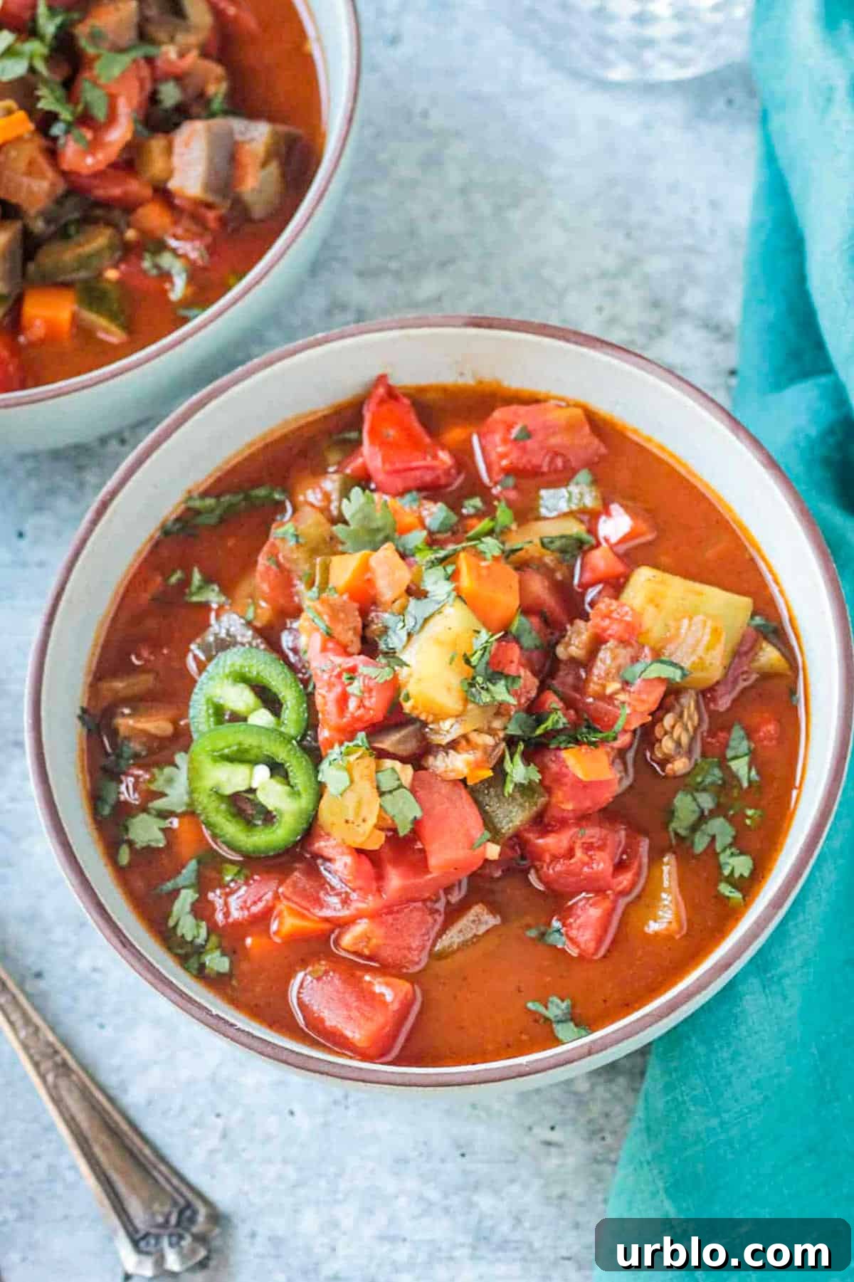 Bowl of veggie chili soup topped with jalapeño slices.