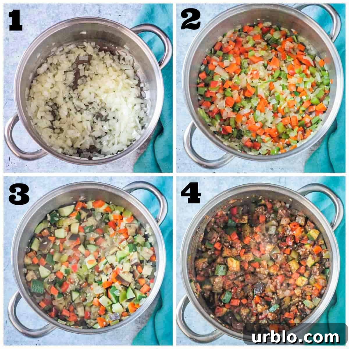 4 photo collage of of sautéing the vegetables.