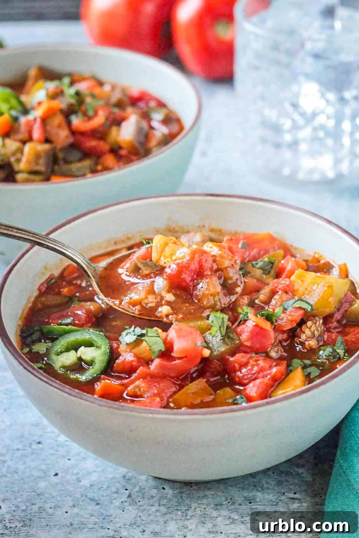 Spoonful of veggie chili soup being lifted out of a bowl.
