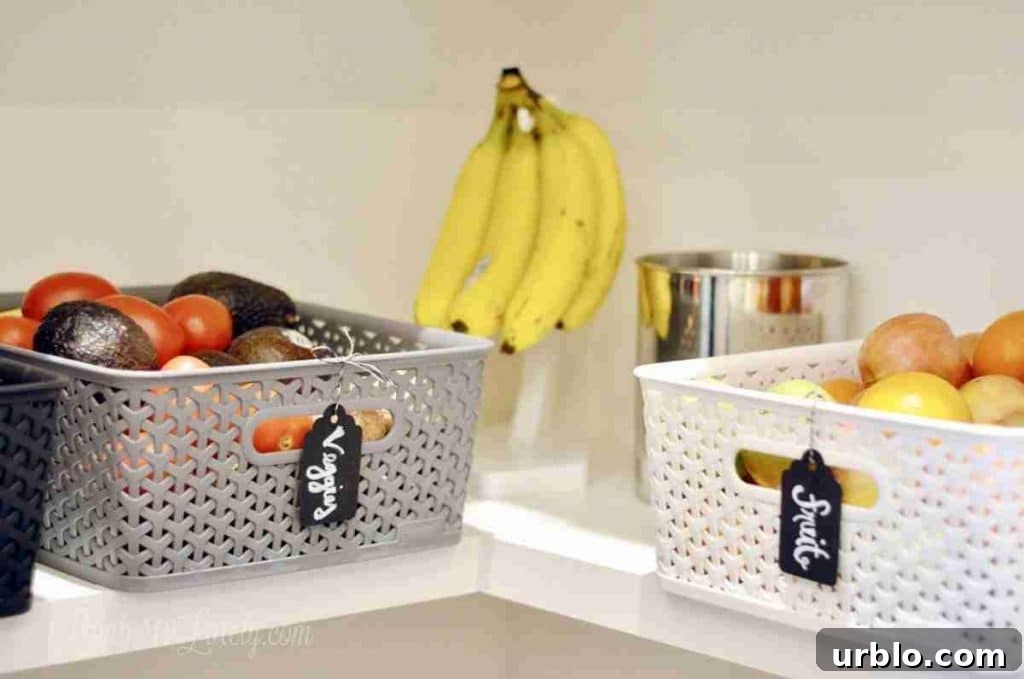 plastic bins on a shelf, holding food. banana hanger.