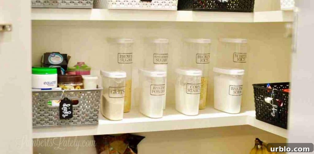 clear plastic canisters on a pantry shelf.
