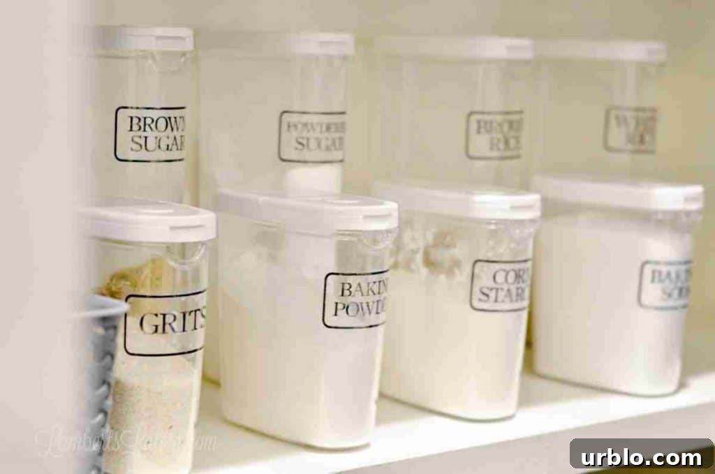 clear canisters in a pantry.