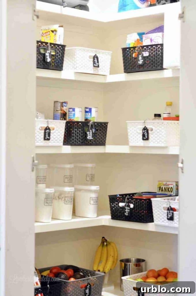 pantry with black, white, gray plastic bins on shelves.