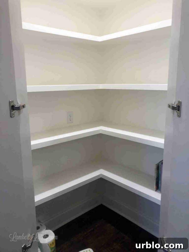 empty pantry with white shelves.