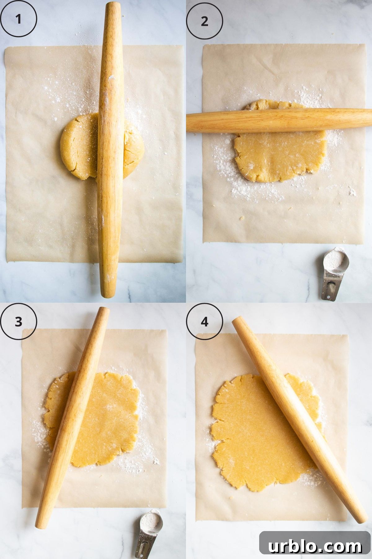 4 numbered steps to rolling out gluten-free galette dough in all directions.