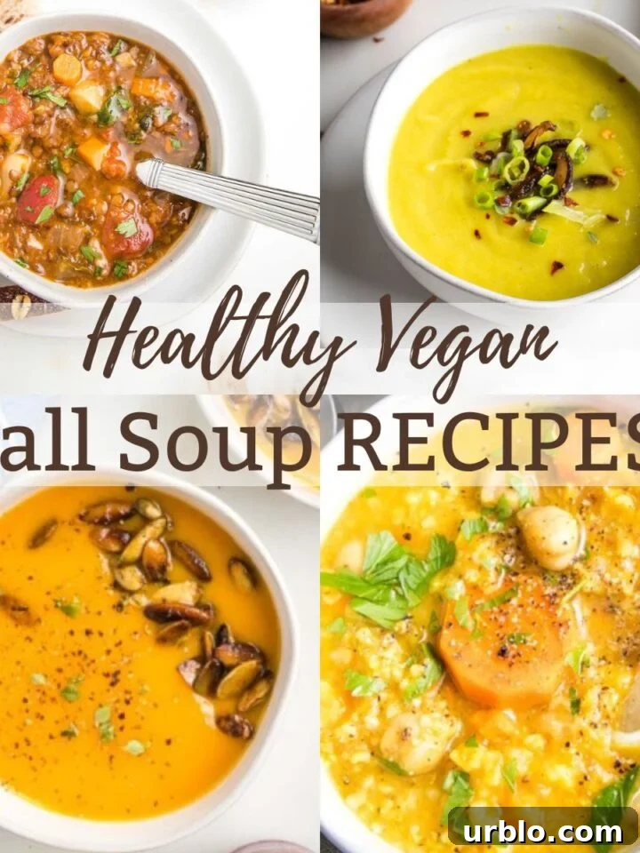 Collage of 4 soup recipes, creamy and chunky with the words "healthy vegan fall soup recipes written across center.