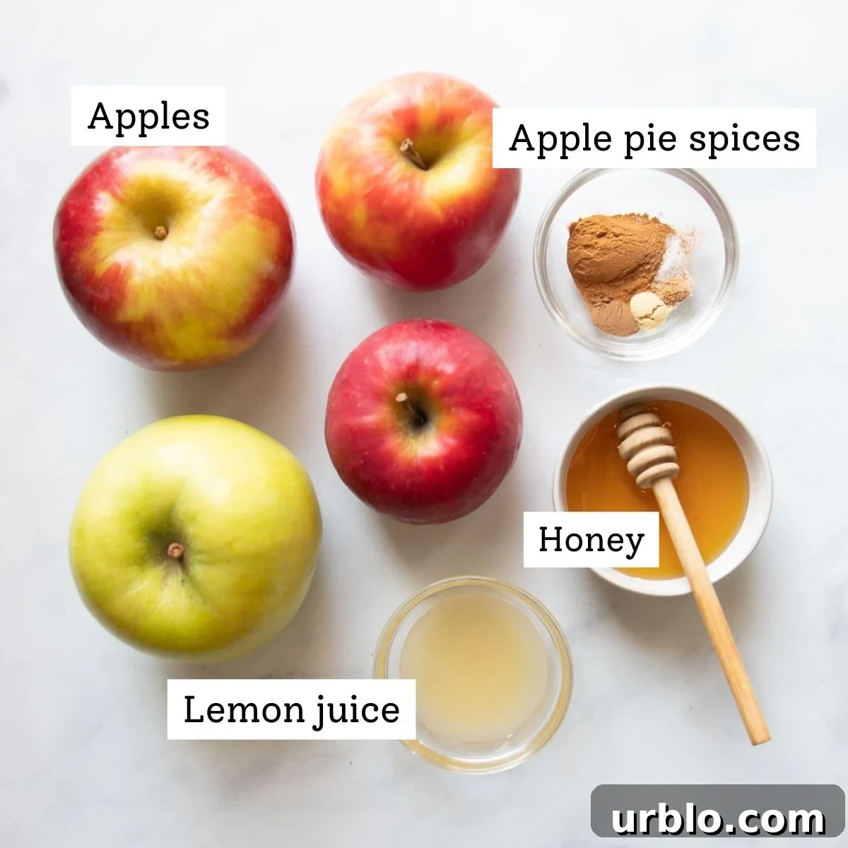 Labeled ingredients for apple galette filling: apples, apple pie spices, lemon juice, honey.
