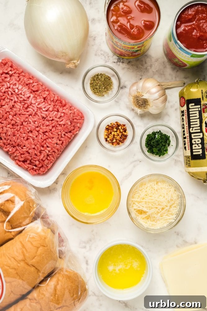 Easy meatball subs prepared on a table with all the necessary ingredients.