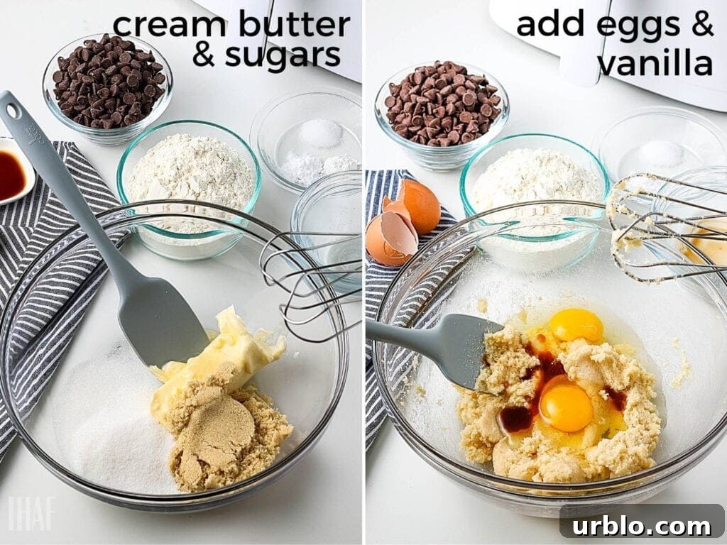 butter and brown sugar in a glass bowl, then egg and vanilla being added in