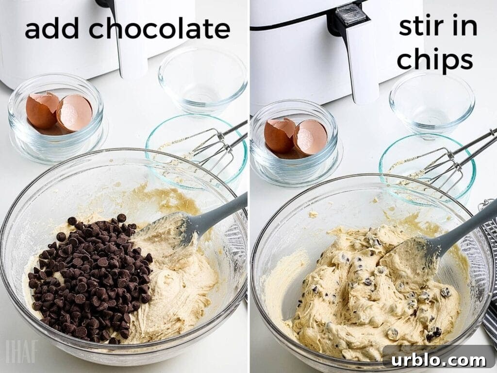 cookie dough in glass bowl with chocolate chips and the chips being stirred in