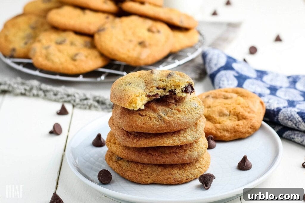 stack of air fried chocolate chip cookies on a small white plate