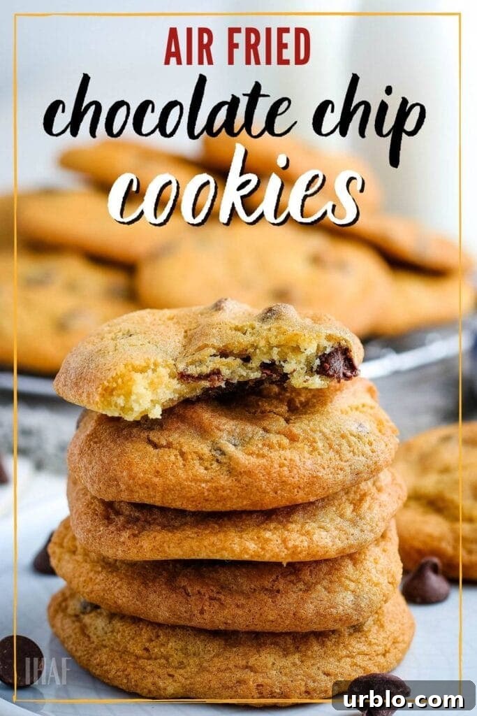 close up of a stack of air fried cookies with text overlay