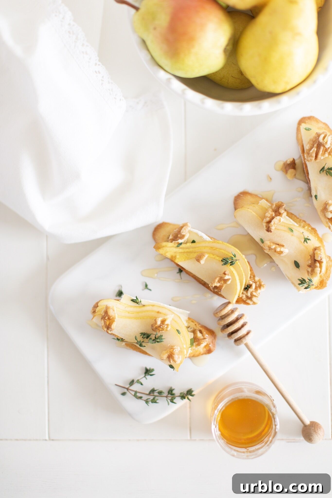 Pear and Brie Crostini with a dairy free option - the perfect easy holiday appetizer!