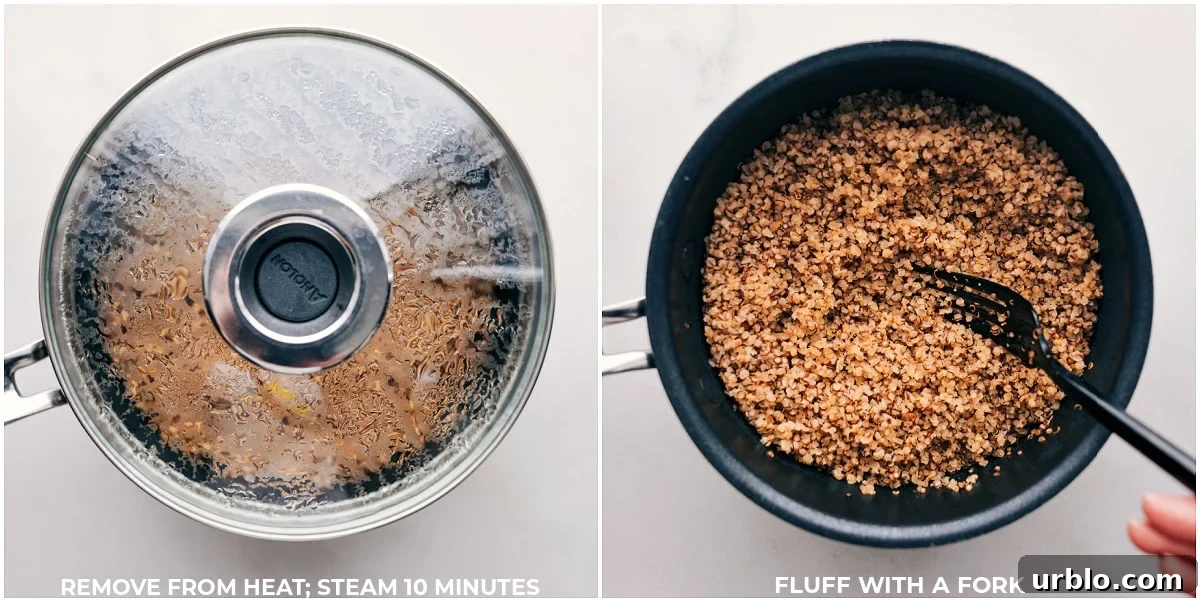 The grain removed from the heat but covered to steam and then the lid being removed and it being fluffed.