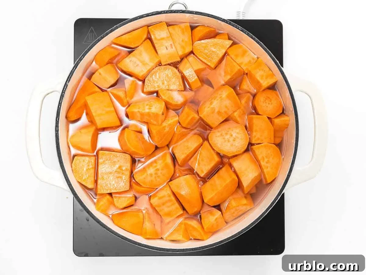boiling chopped sweet potatoes