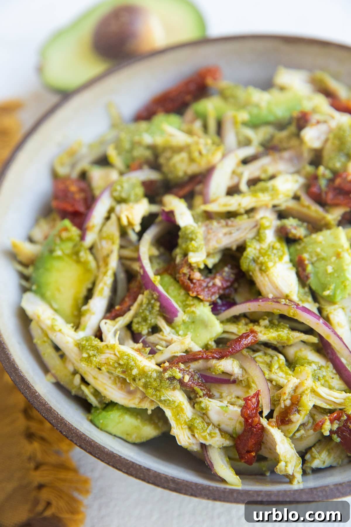 Close up photo of pesto chicken salad