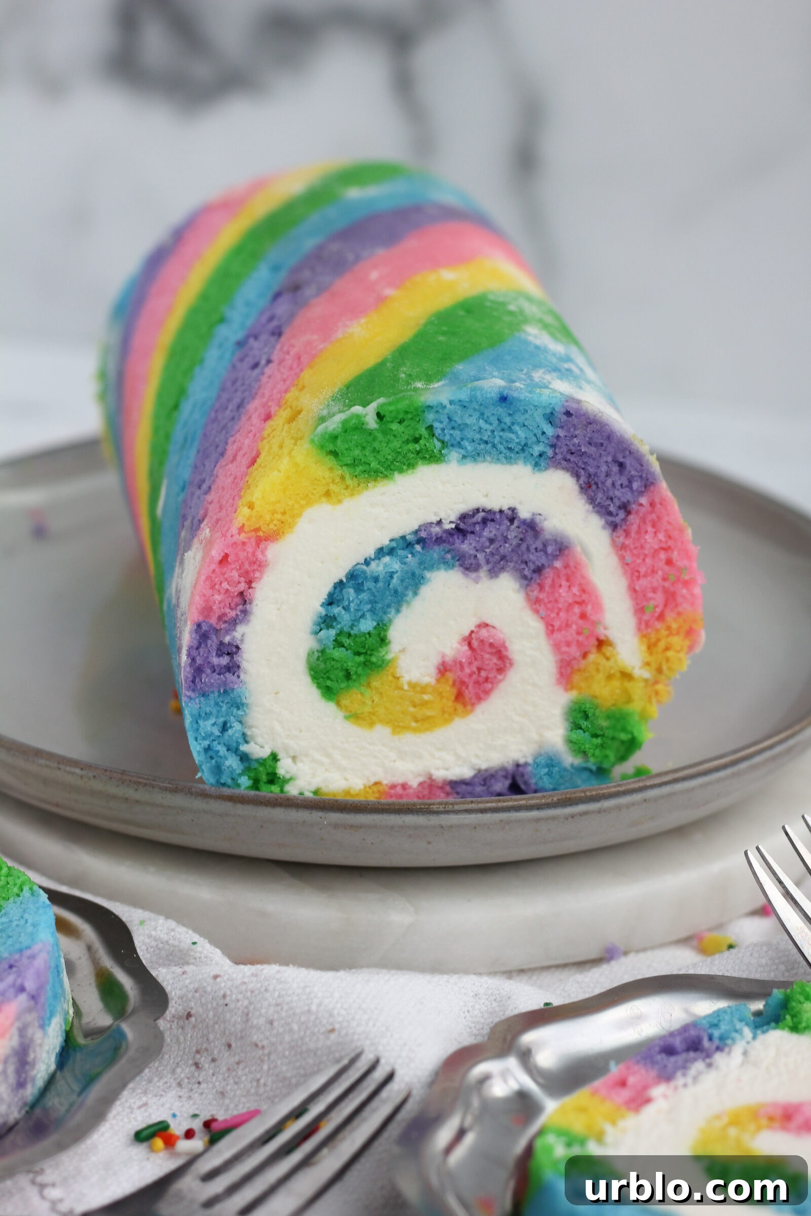 Rainbow roll cake slice