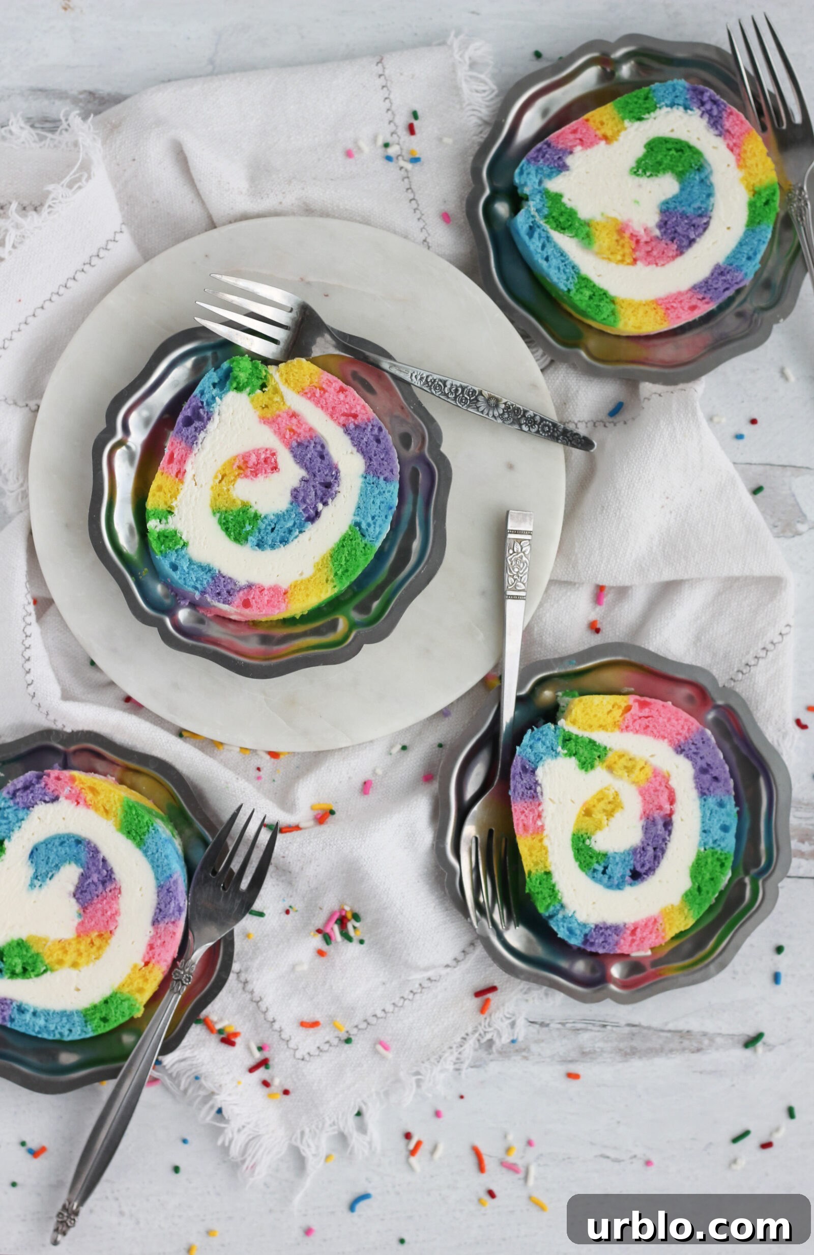 Sliced rainbow roll cake