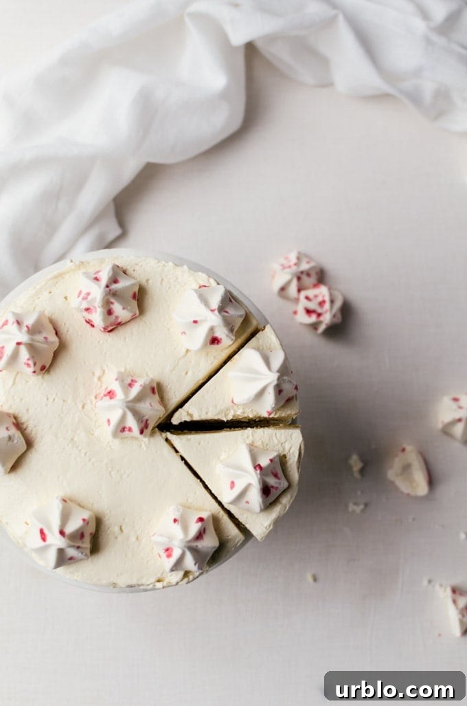 Moist and delicately flavored white chocolate cake with vanilla peppermint buttercream frosting