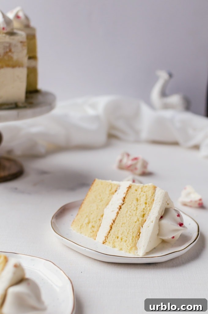Everyone is going to fall in love with this white chocolate cake with peppermint meringue buttercream frosting.