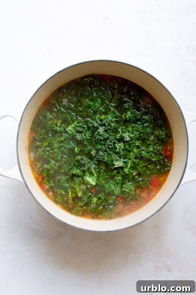 adding chopped kale to wilt in the soup