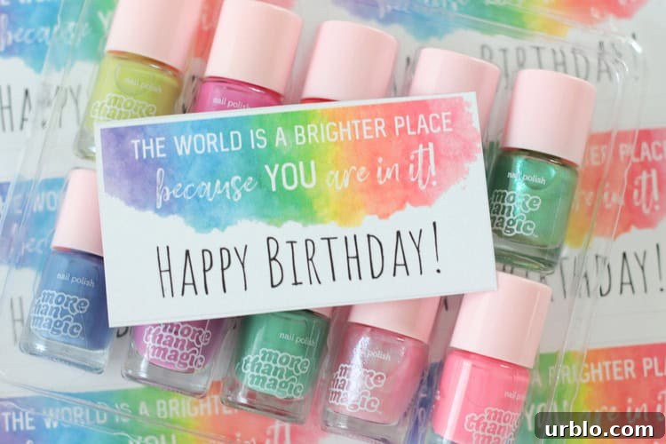 Printable Nail Polish Birthday Gift Tags for Party Favors 4 nail polish birthday tag with mini bottles of nail polish