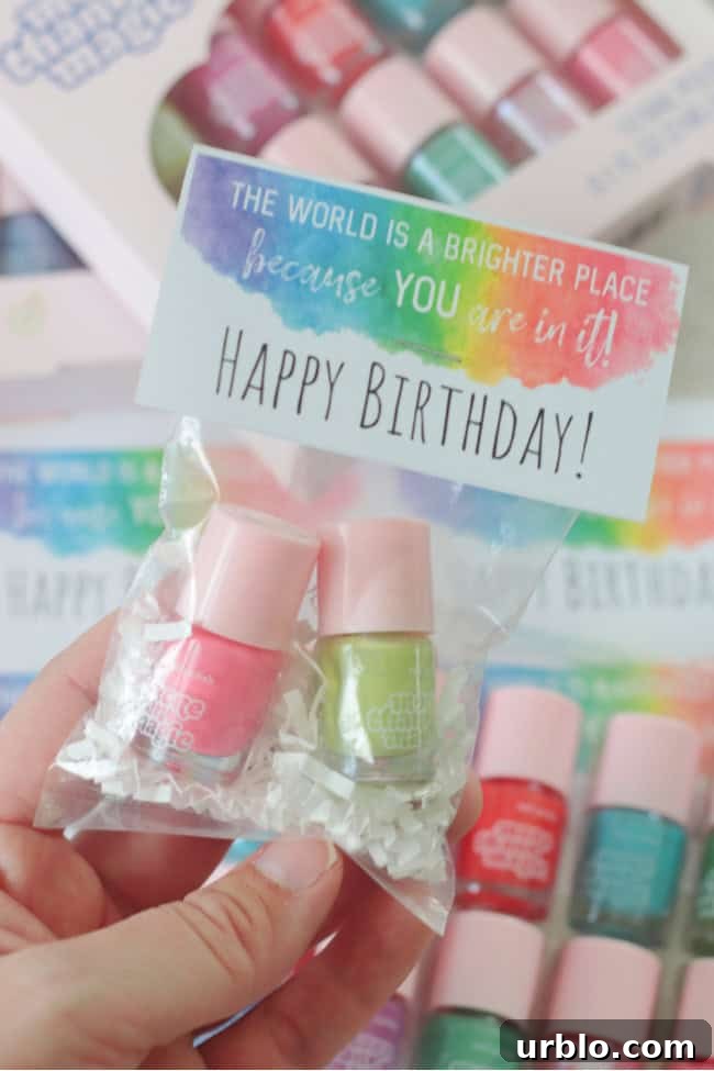 Printable Nail Polish Birthday Gift Tags for Party Favors 5 mini bottles of nail polish in small cellophane bag with printable