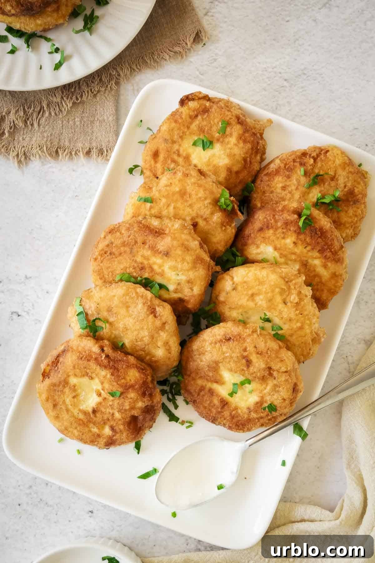Crispy Potato Fritters Recipe for Golden, Crunchy Hash Browns 2 Overhead shot of potato fritters on a white rectangle plate garnished with fresh parsley.