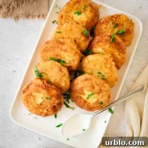 Crispy Potato Fritters Recipe for Golden, Crunchy Hash Browns 10 Overhead shot of potato fritters on a white rectangle plate garnished with fresh parsley.