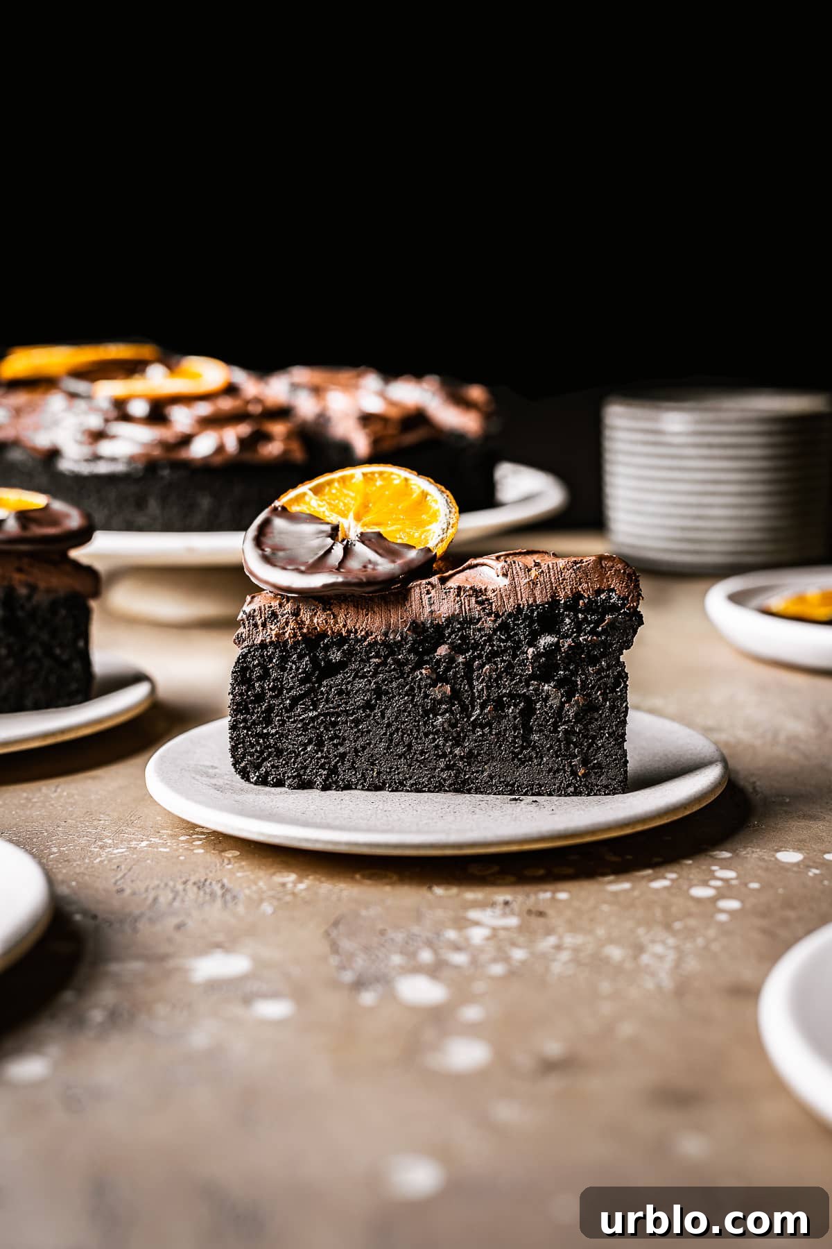 A slice of cake with thick chocolate frosting on a plate. A chocolate dipped dried orange slice sits on top.