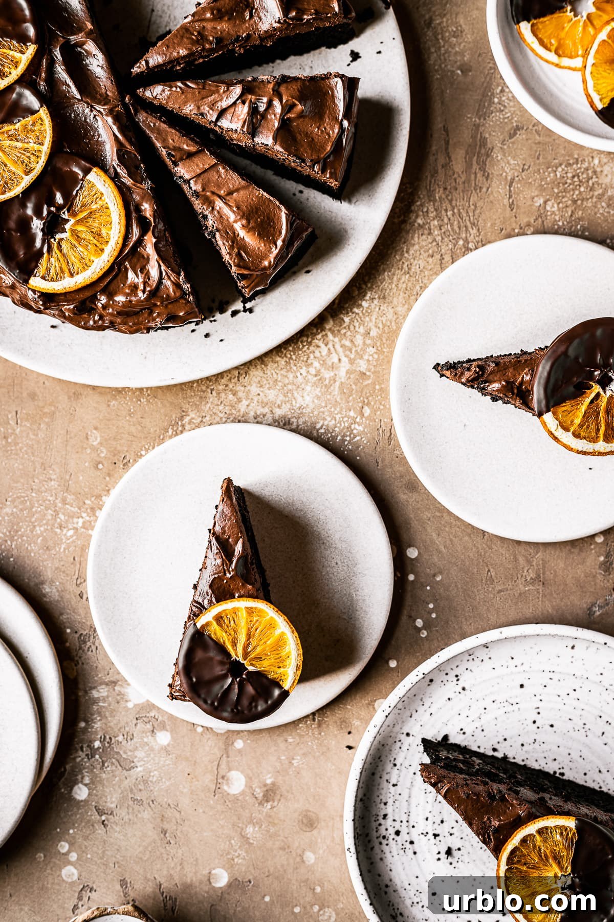 Sliced chocolate orange cake on plates topped with chocolate dipped dried orange slices.