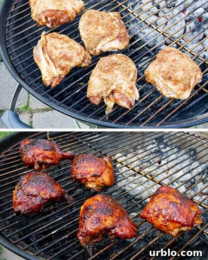 two photos showing chicken thighs cooking on the grill
