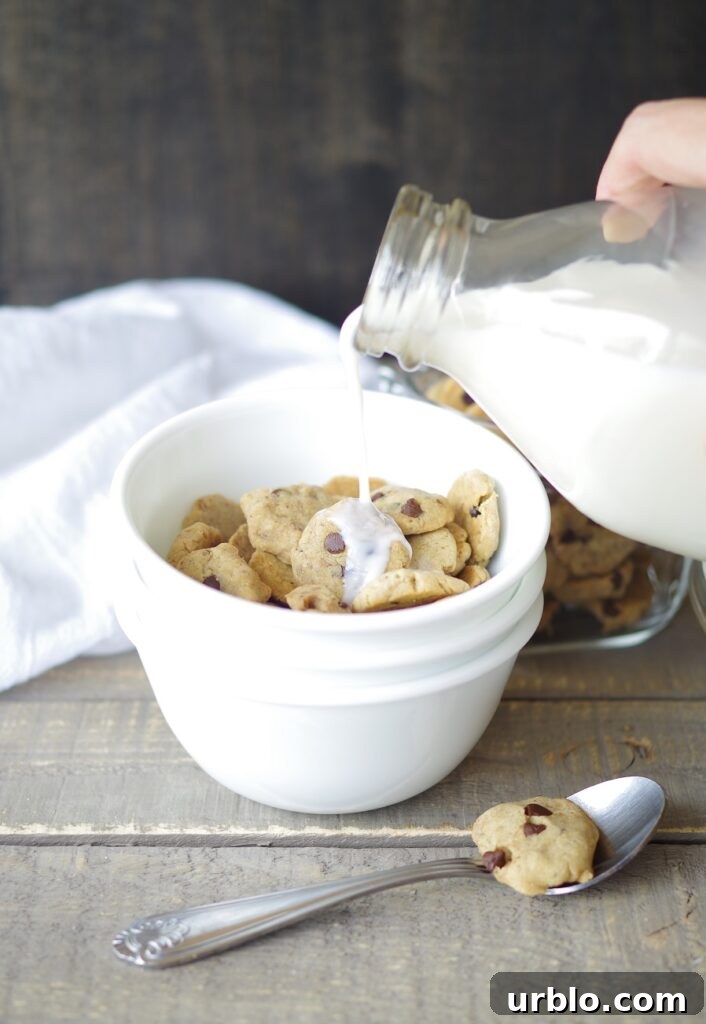 milk being poured over gluten free vegan cereal in the shape of chocolate chips cookies in a white bowl