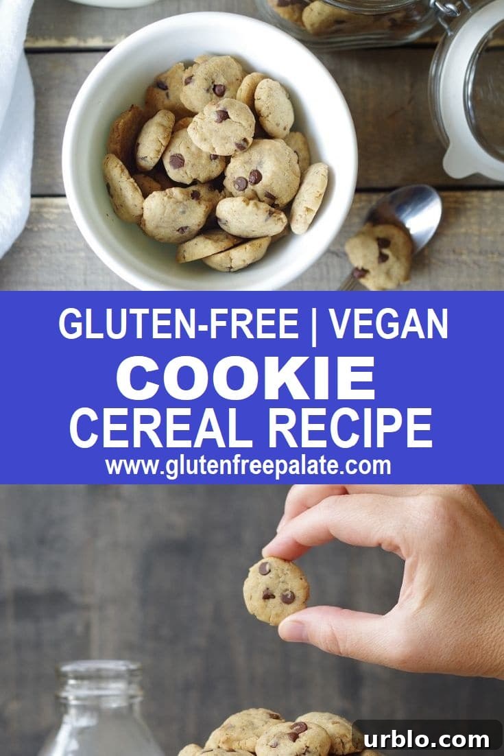 gluten free vegan cereal in the shape of chocolate chips cookies in a white bowl, the words gluten free vegan cookie cereal recipe below it, and a hand holding a cookie cereal