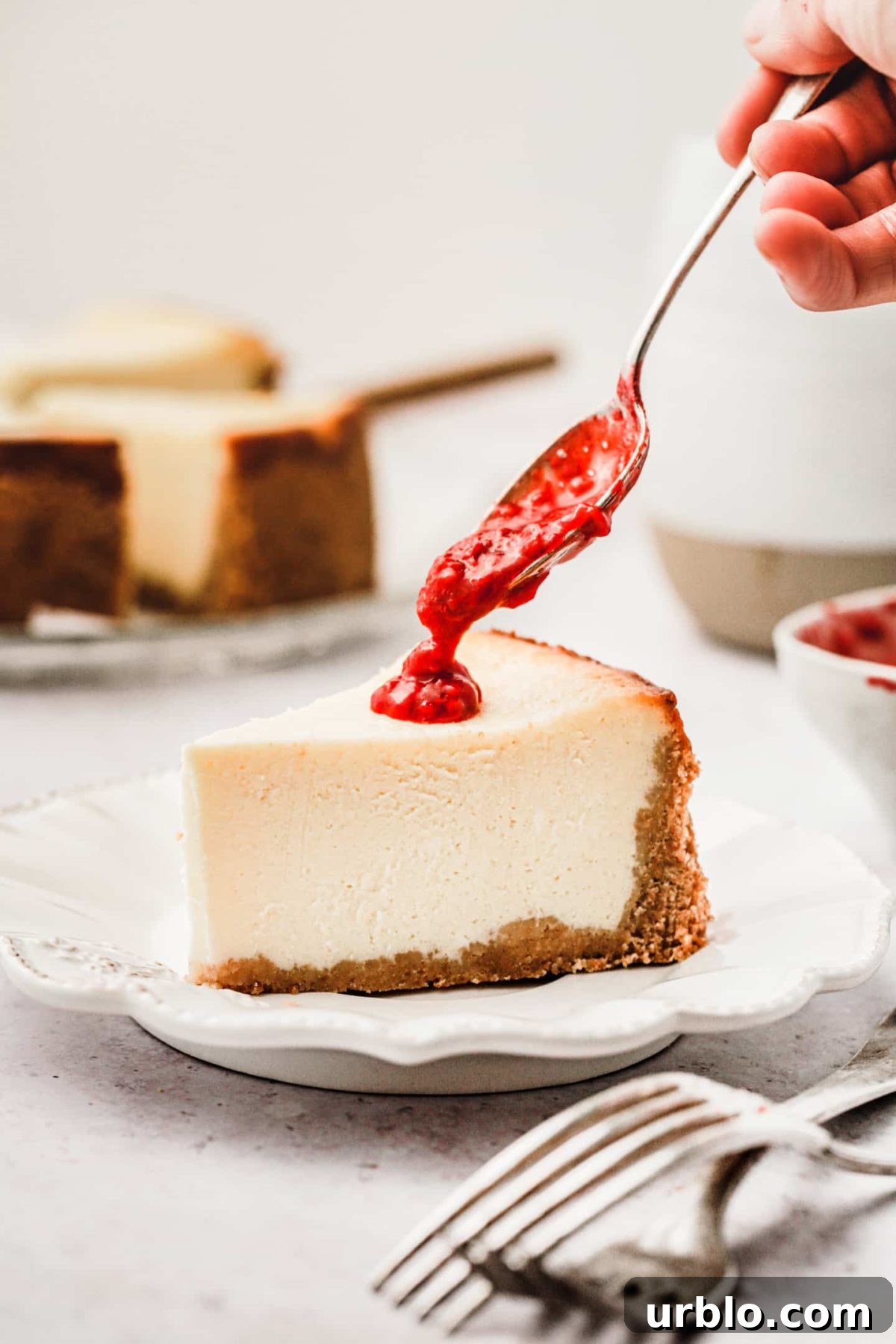 New York Cheesecake Recipe: Classic Creamy Slice Guide 9 Cheesecake sur une assiette avec du coulis