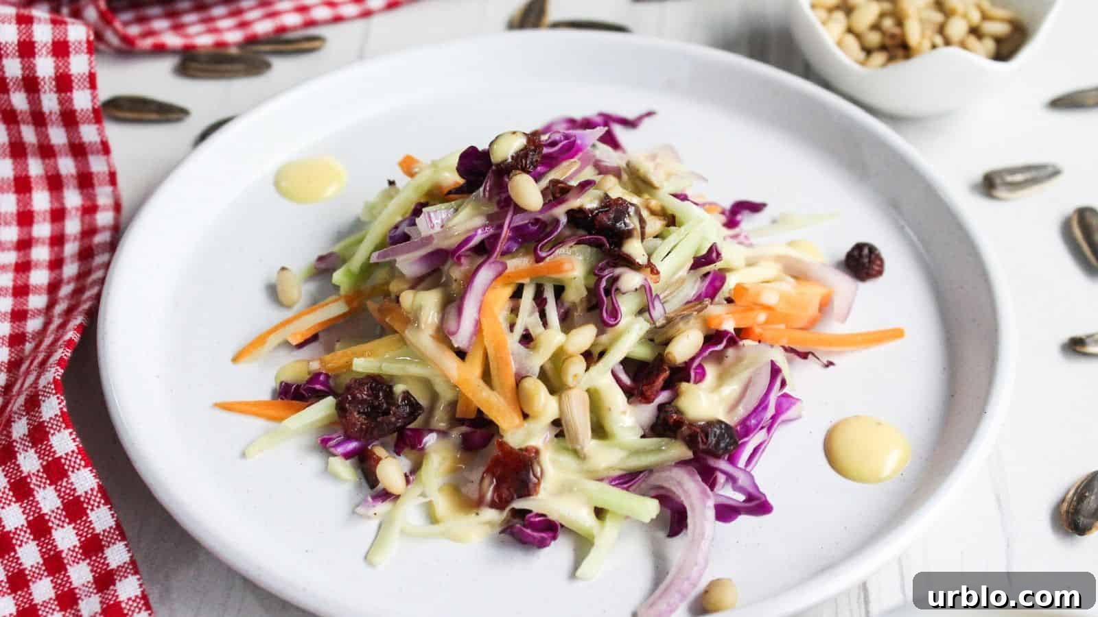 A plate of colorful broccoli slaw with shredded purple cabbage and carrots topped with dried cranberries and pine nuts, next to a red-checked napkin.