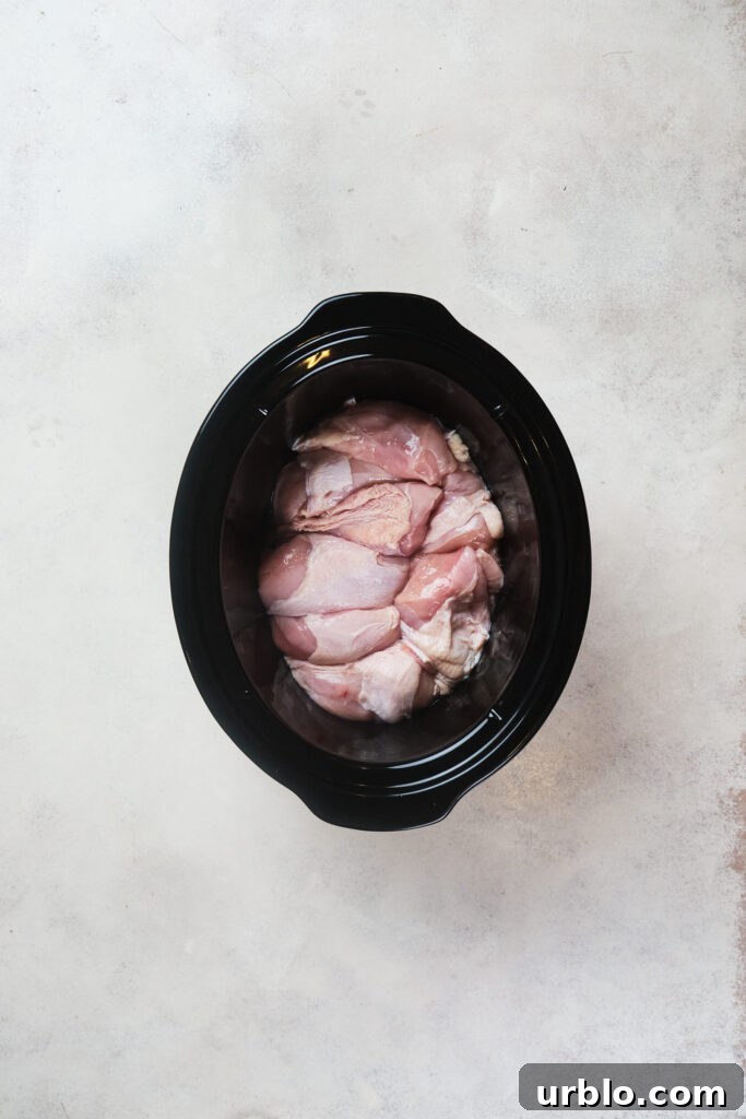 Raw chicken breast in a black slow cooker on a grey countertop.