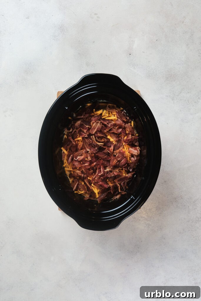 A slow cooker containing a bacon and shredded cheddar cheese.