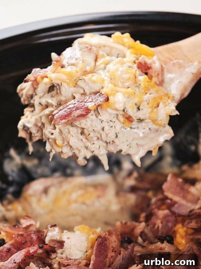 A wooden spoon scooping a cheesy crack chicken.