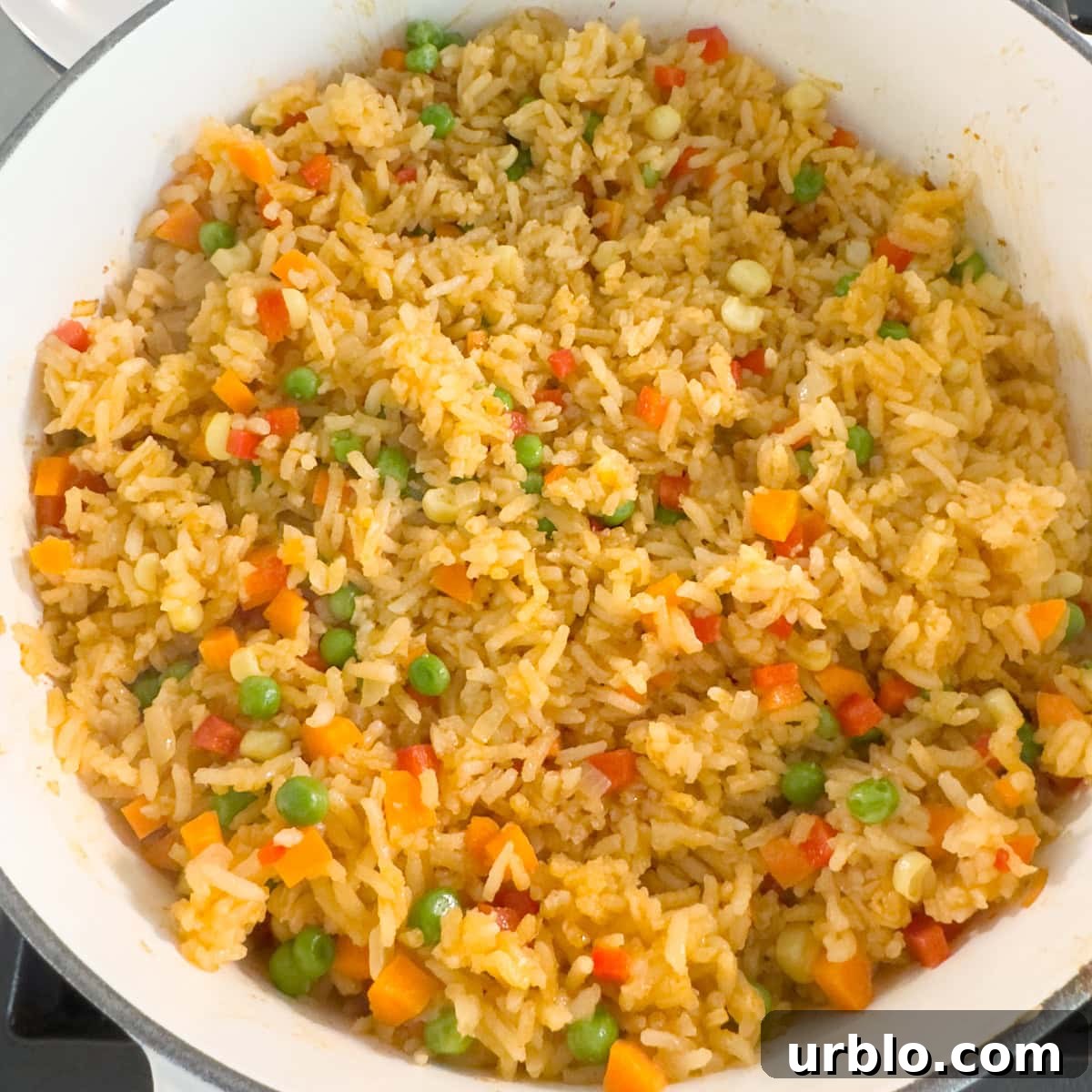 Colorful rice with mixed vegetables in a white pot on the stove.